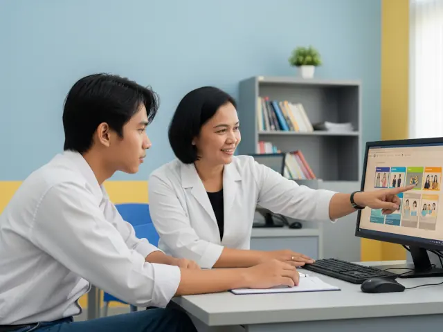 seorang siswa sedang konsultasi bidang stusi kepada guru bk atau konselor
